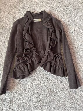 Charlie & Robin Chocolate Brown Wool Ruffle Trim Open Front Cardigan Blazer